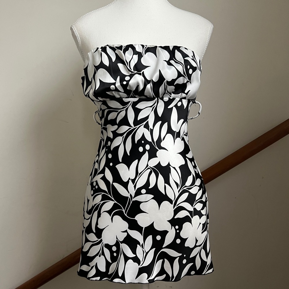 Vintage 90s Wet Seal Tube Top XS Floral Satin Empire Waist Strapless Babydoll